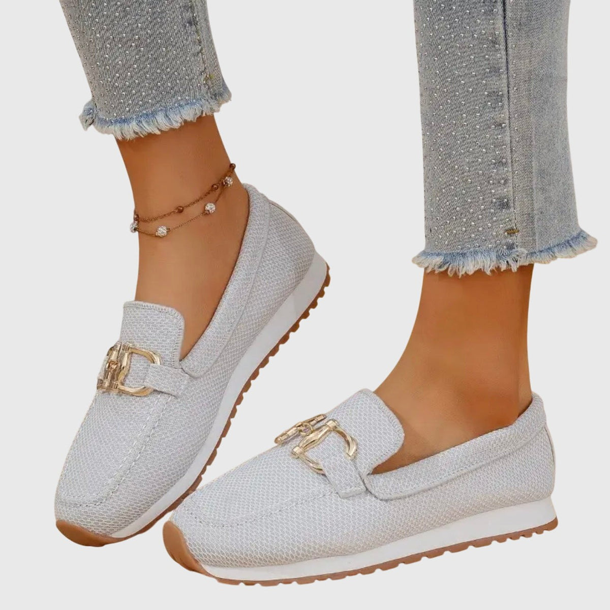 Jade | Baskets Mocassins pour Femme Maille Respirante Semelle Amortissante Détail Doré - Beige