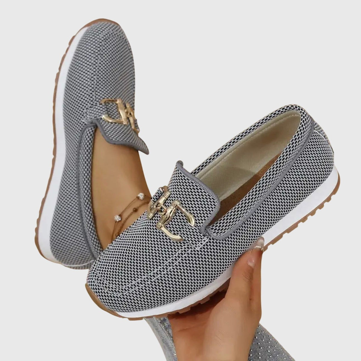 Jade | Baskets Mocassins pour Femme Maille Respirante Semelle Amortissante Détail Doré - Beige