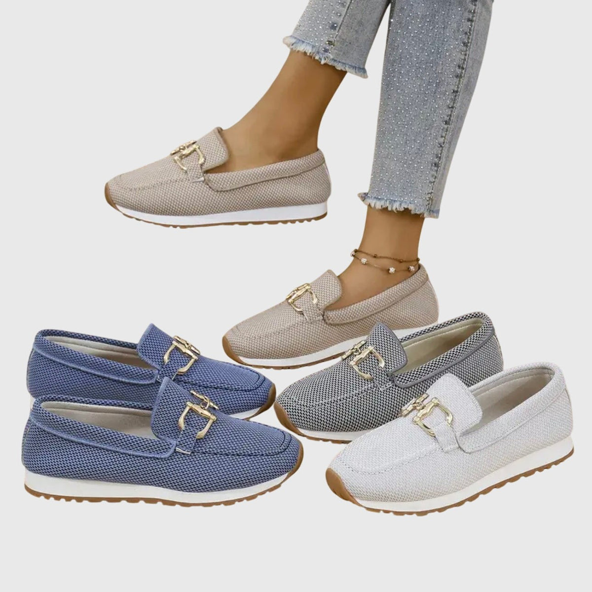 Jade | Baskets Mocassins pour Femme Maille Respirante Semelle Amortissante Détail Doré - Beige