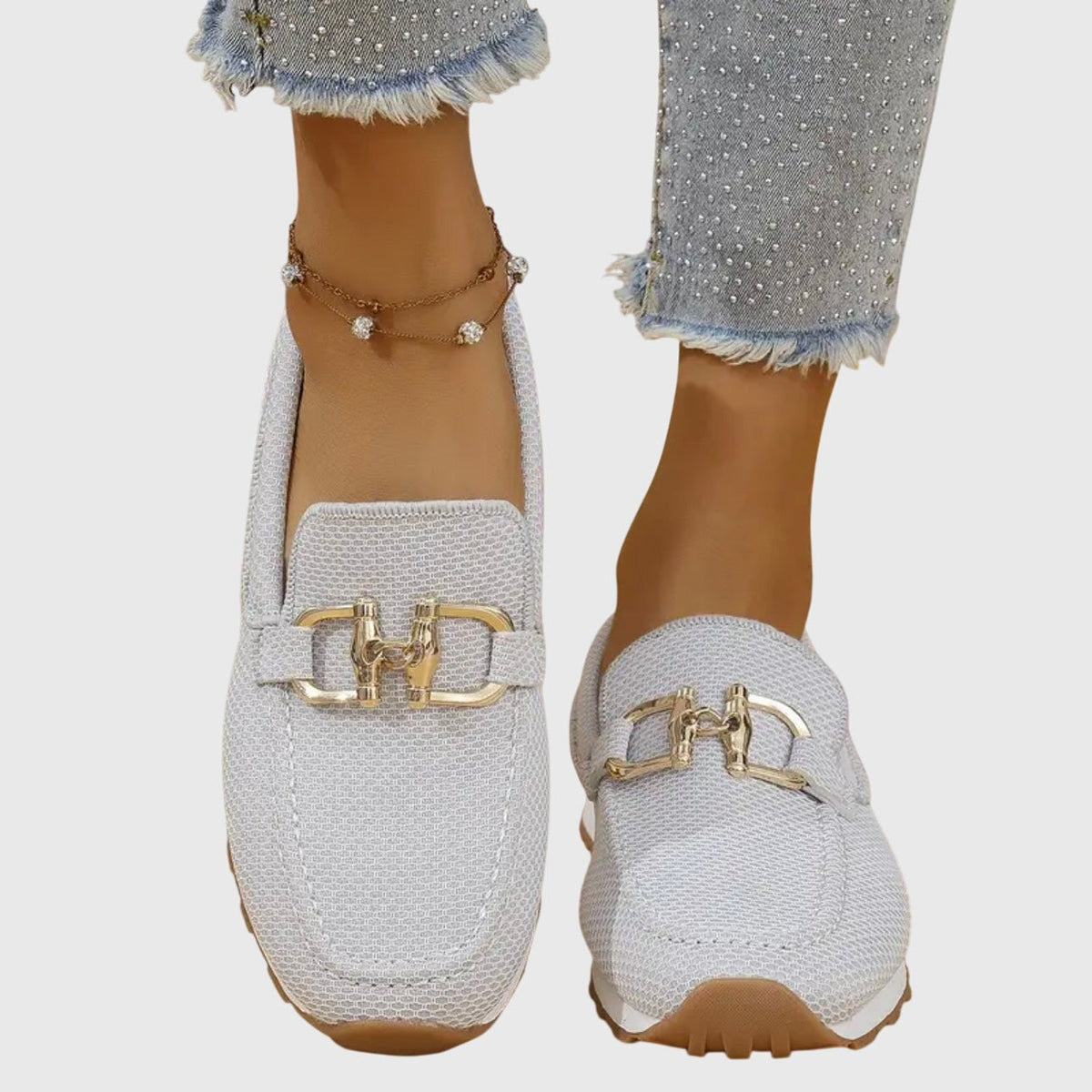 Jade | Baskets Mocassins pour Femme Maille Respirante Semelle Amortissante Détail Doré - Blanc