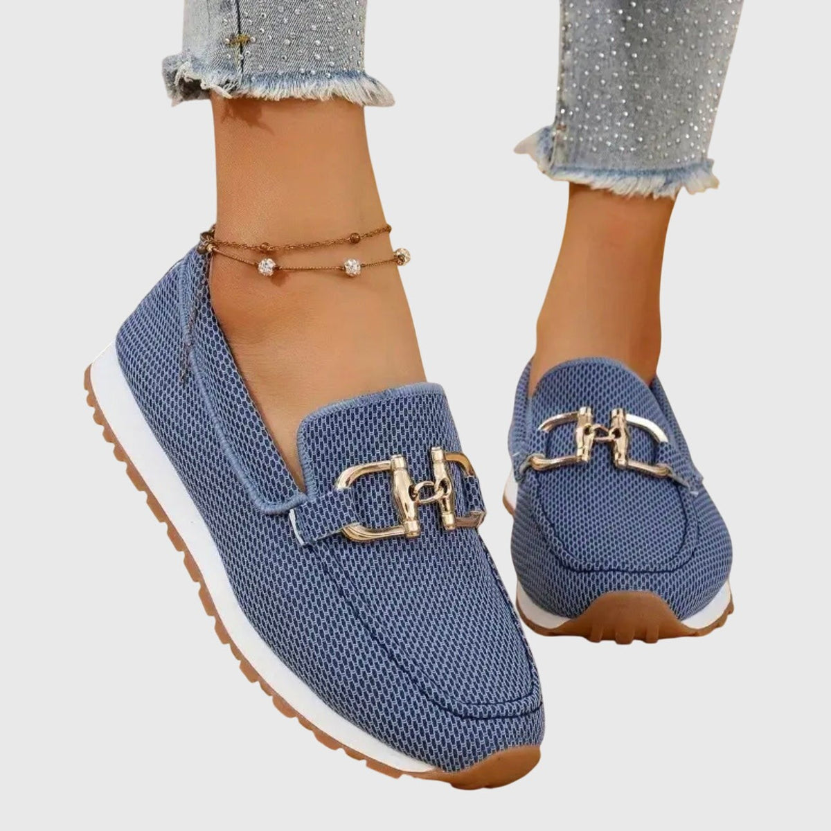 Jade | Baskets Mocassins pour Femme Maille Respirante Semelle Amortissante Détail Doré - Bleu