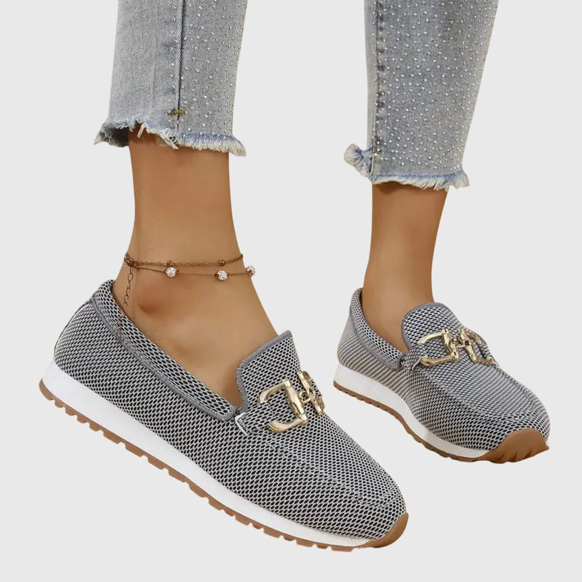 Jade | Baskets Mocassins pour Femme Maille Respirante Semelle Amortissante Détail Doré - Gris
