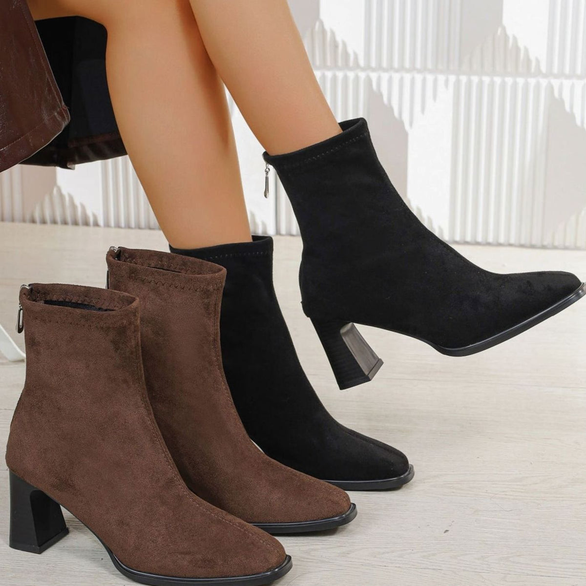 Jade | Bottines Femme Daim Talon Bloc Fermeture Éclair - Café