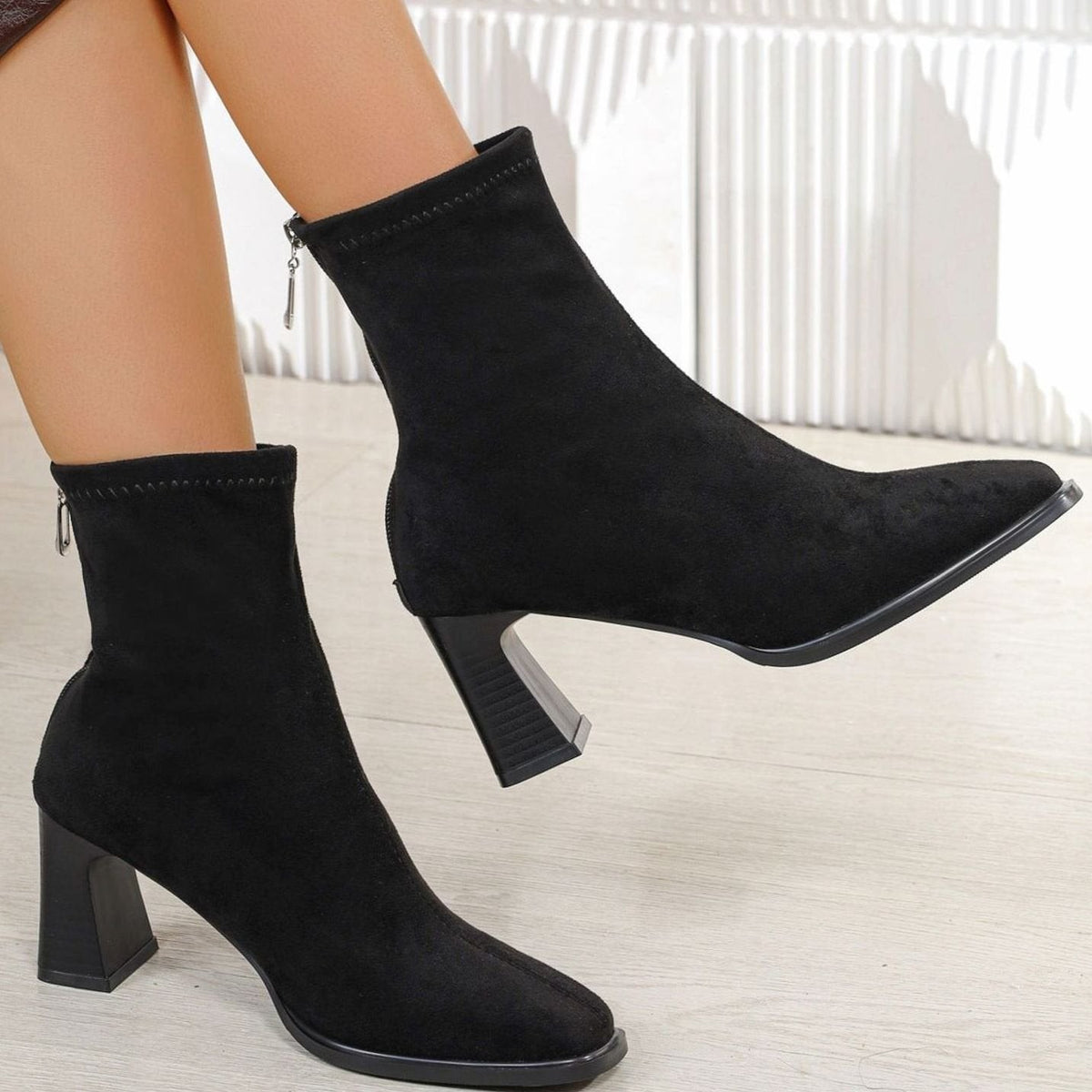 Jade | Bottines Femme Daim Talon Bloc Fermeture Éclair - Café