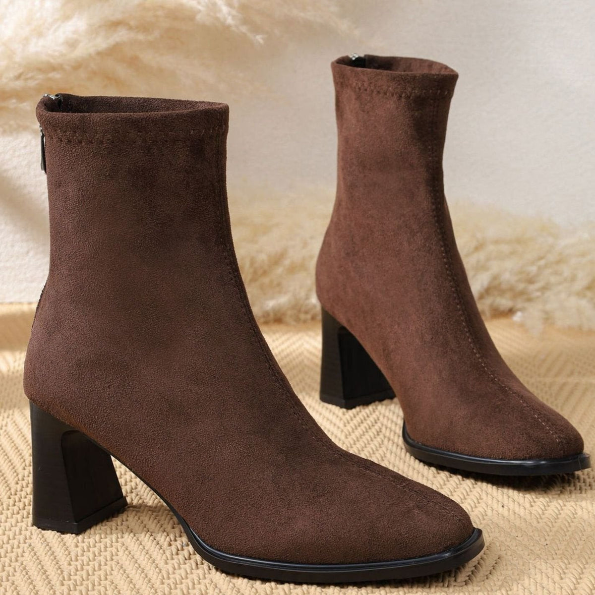 Jade | Bottines Femme Daim Talon Bloc Fermeture Éclair - Café