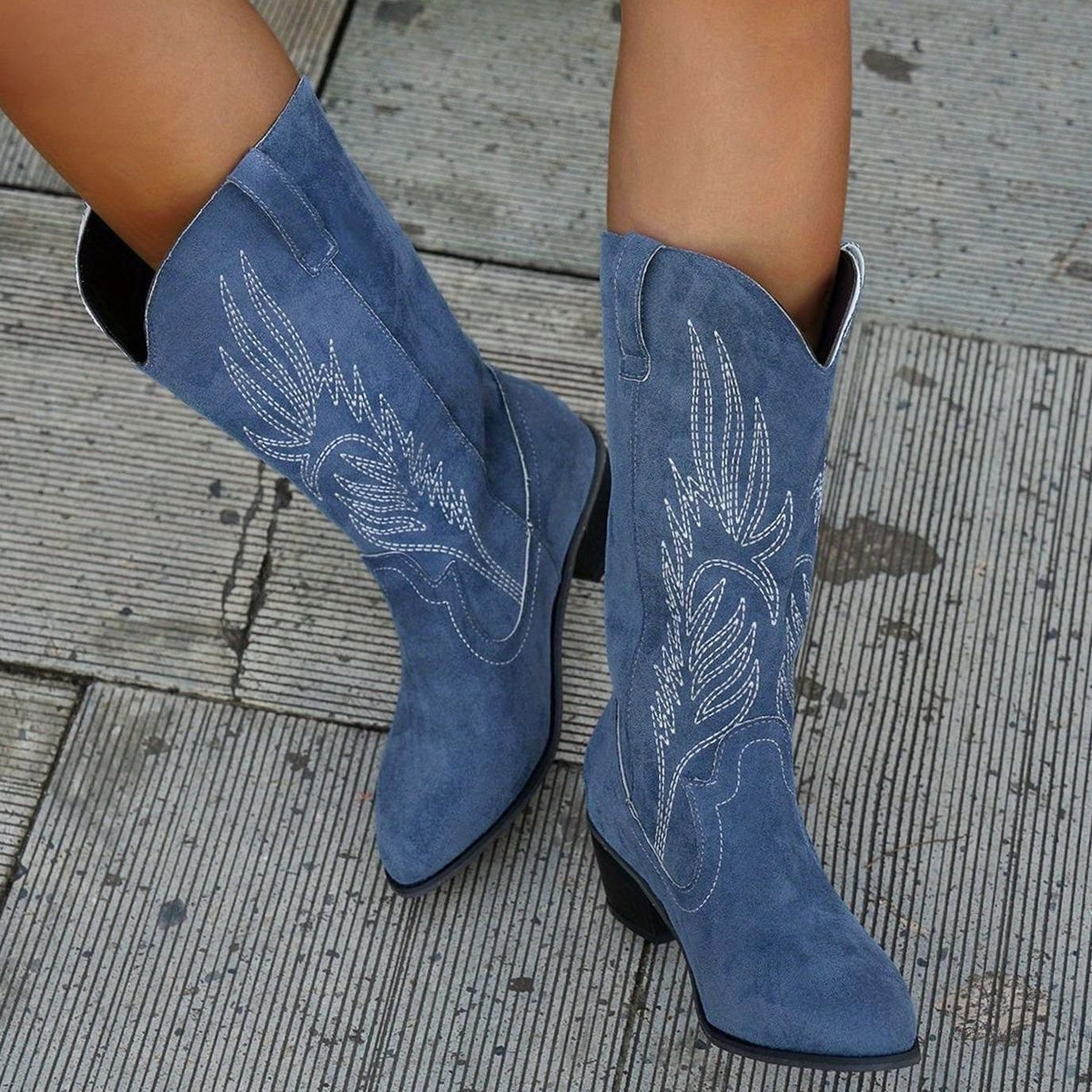 Jade | Bottines Femme Western Broderie Ample Talon Bloc - Bleu Marine