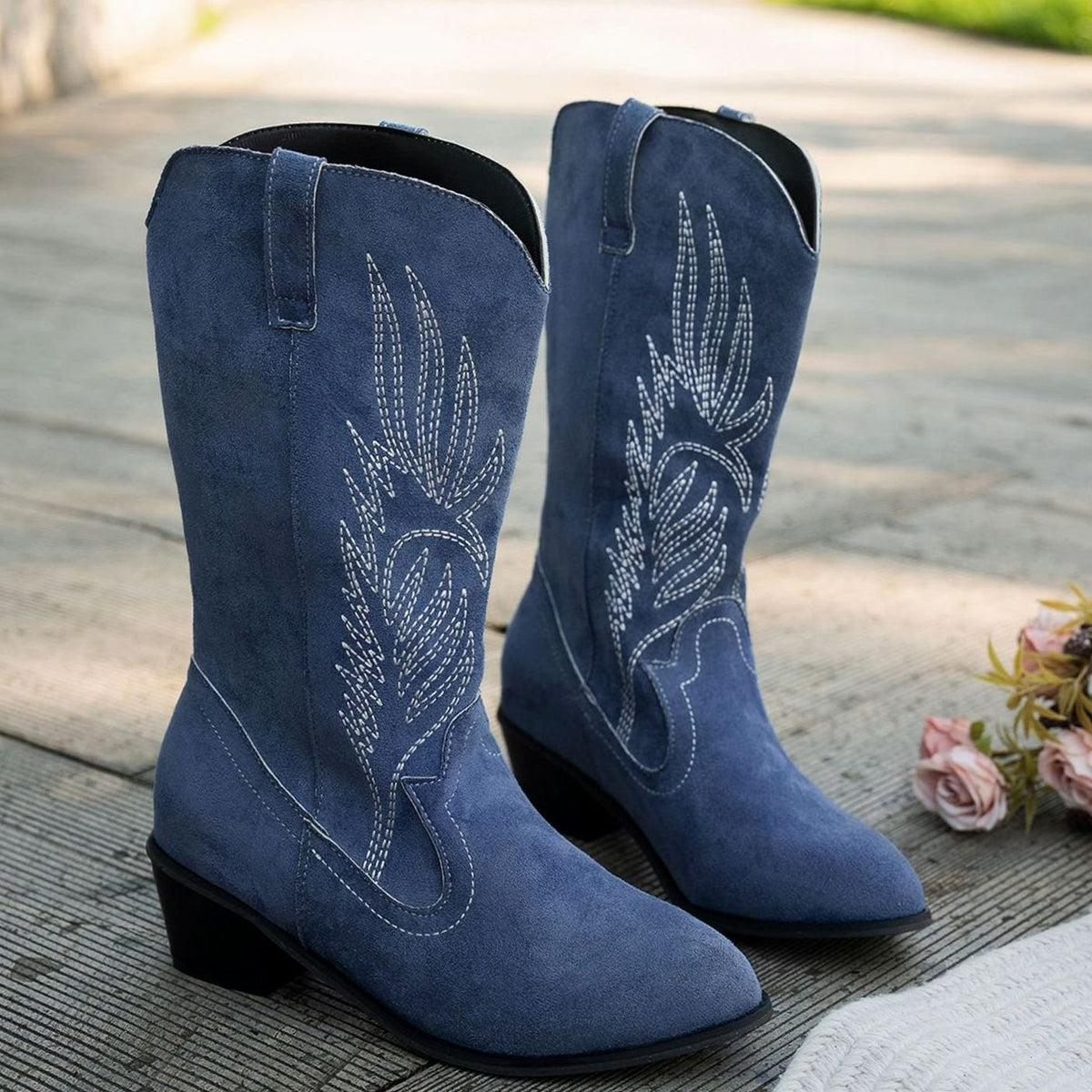 Jade | Bottines Femme Western Broderie Ample Talon Bloc - Bleu Marine