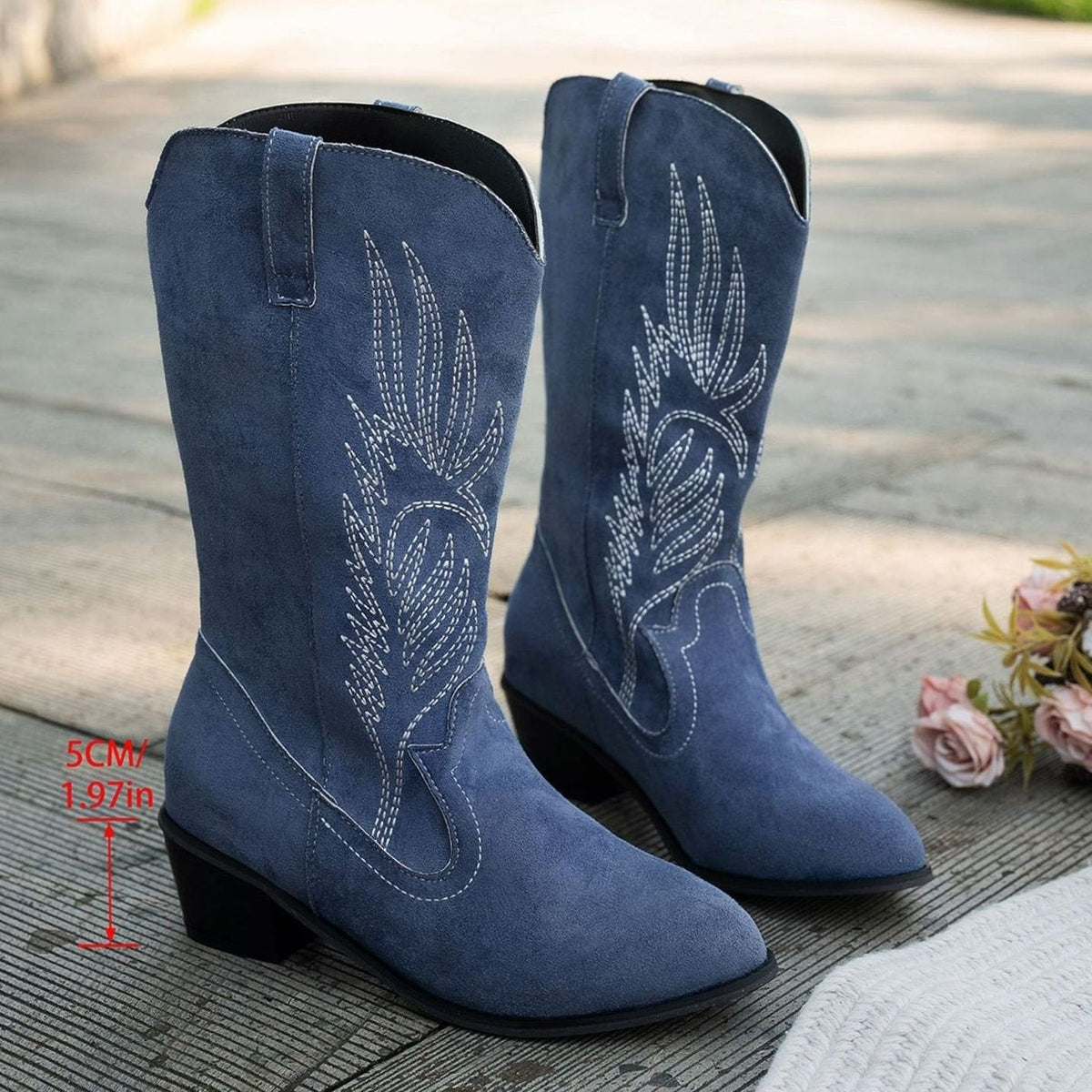 Jade | Bottines Femme Western Broderie Ample Talon Bloc - Bleu Marine