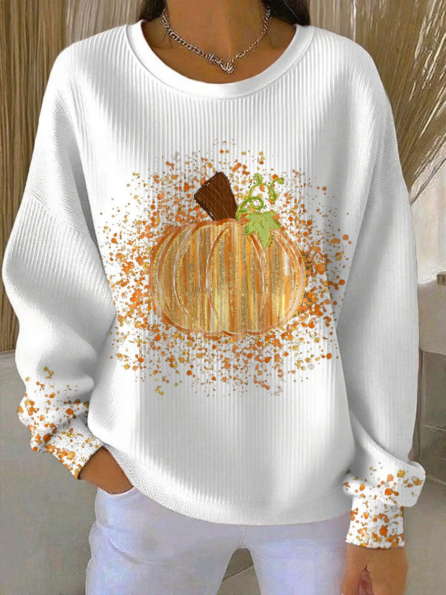Jade | Dames Sweat-shirt Coupe Ample Col Rond Manches Longues Motif Citrouille - Blanc
