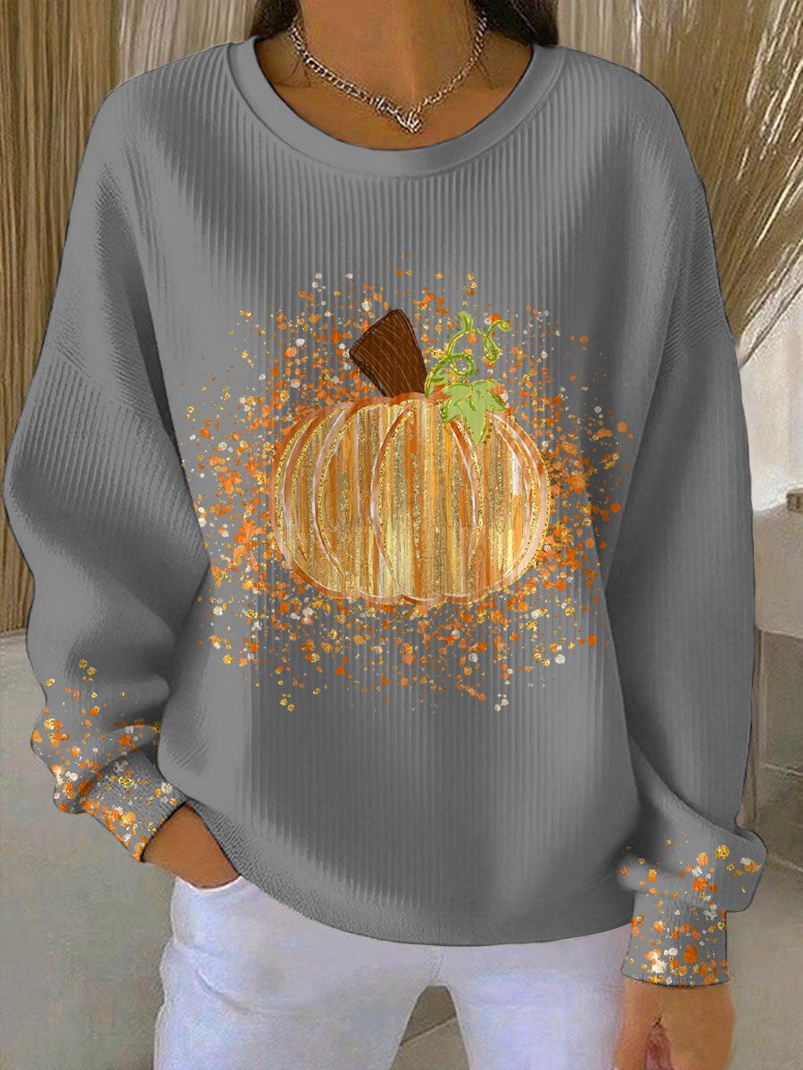 Jade | Dames Sweat-shirt Coupe Ample Col Rond Manches Longues Motif Citrouille - Gris Clair