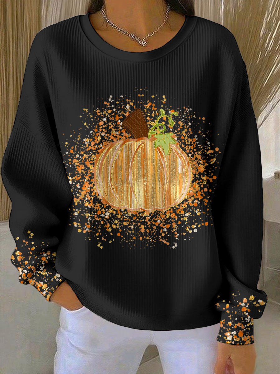 Jade | Dames Sweat-shirt Coupe Ample Col Rond Manches Longues Motif Citrouille - Noir
