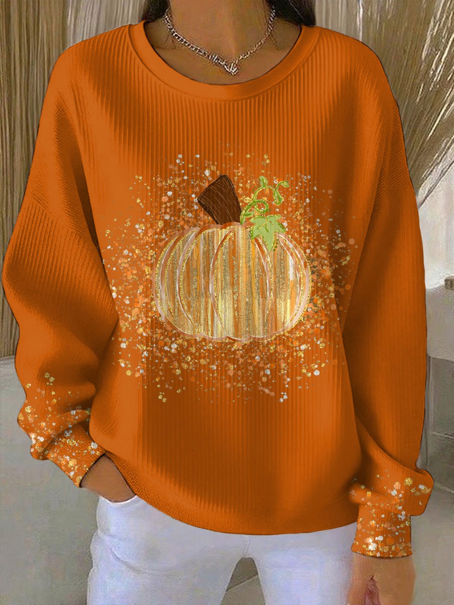 Jade | Dames Sweat-shirt Coupe Ample Col Rond Manches Longues Motif Citrouille - Orange