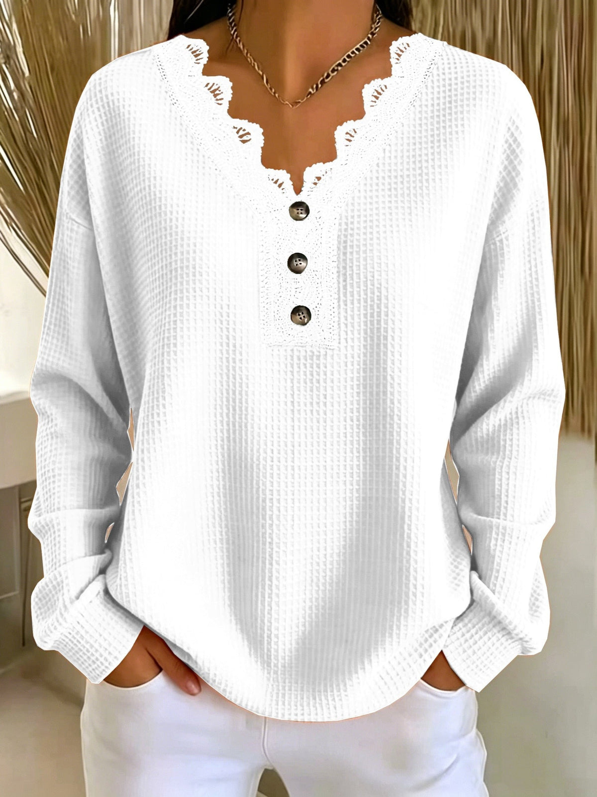 Jade | Haut pour Femme Coupe Ample Col V Dentelle Manches Longues Texturé - Blanc