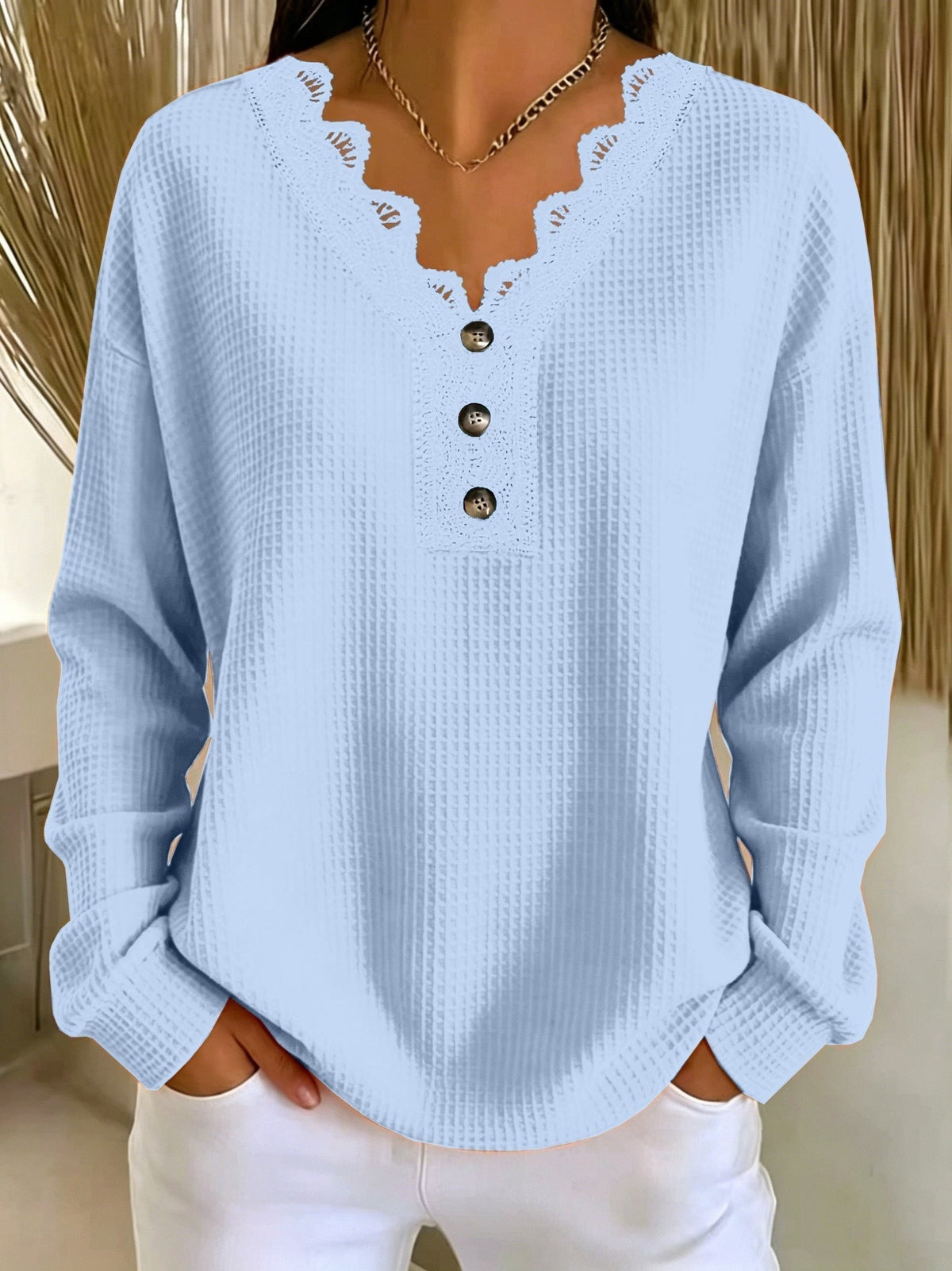 Jade | Haut pour Femme Coupe Ample Col V Dentelle Manches Longues Texturé - Bleu Clair