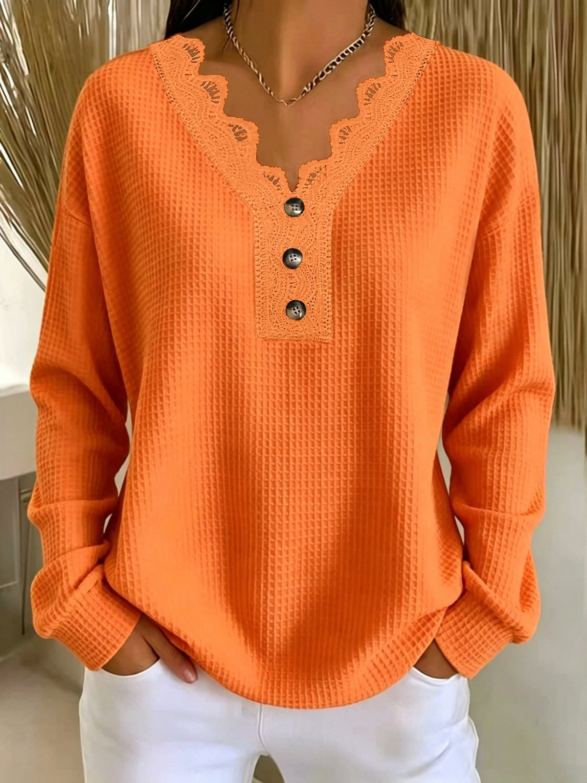 Jade | Haut pour Femme Coupe Ample Col V Dentelle Manches Longues Texturé - Orange