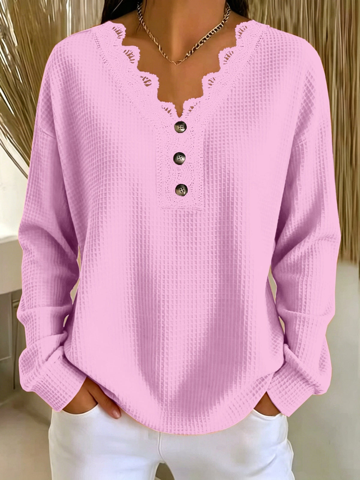 Jade | Haut pour Femme Coupe Ample Col V Dentelle Manches Longues Texturé - Rose