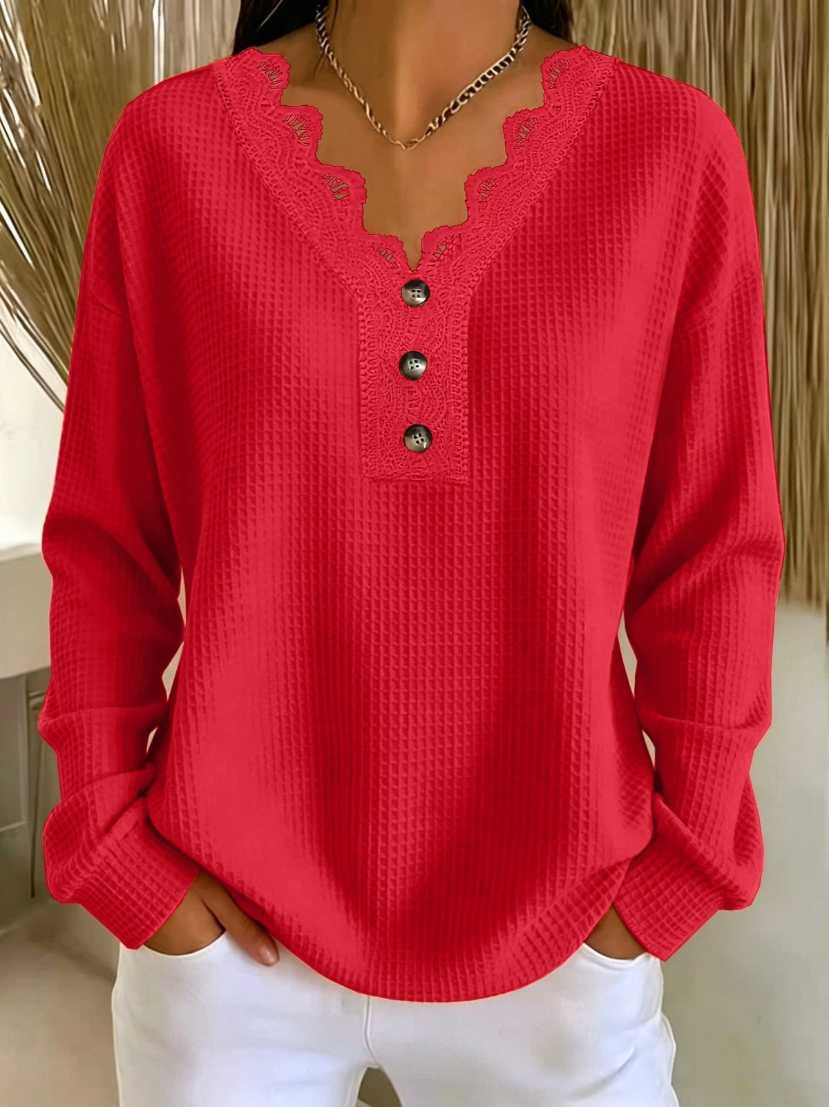 Jade | Haut pour Femme Coupe Ample Col V Dentelle Manches Longues Texturé - Rouge