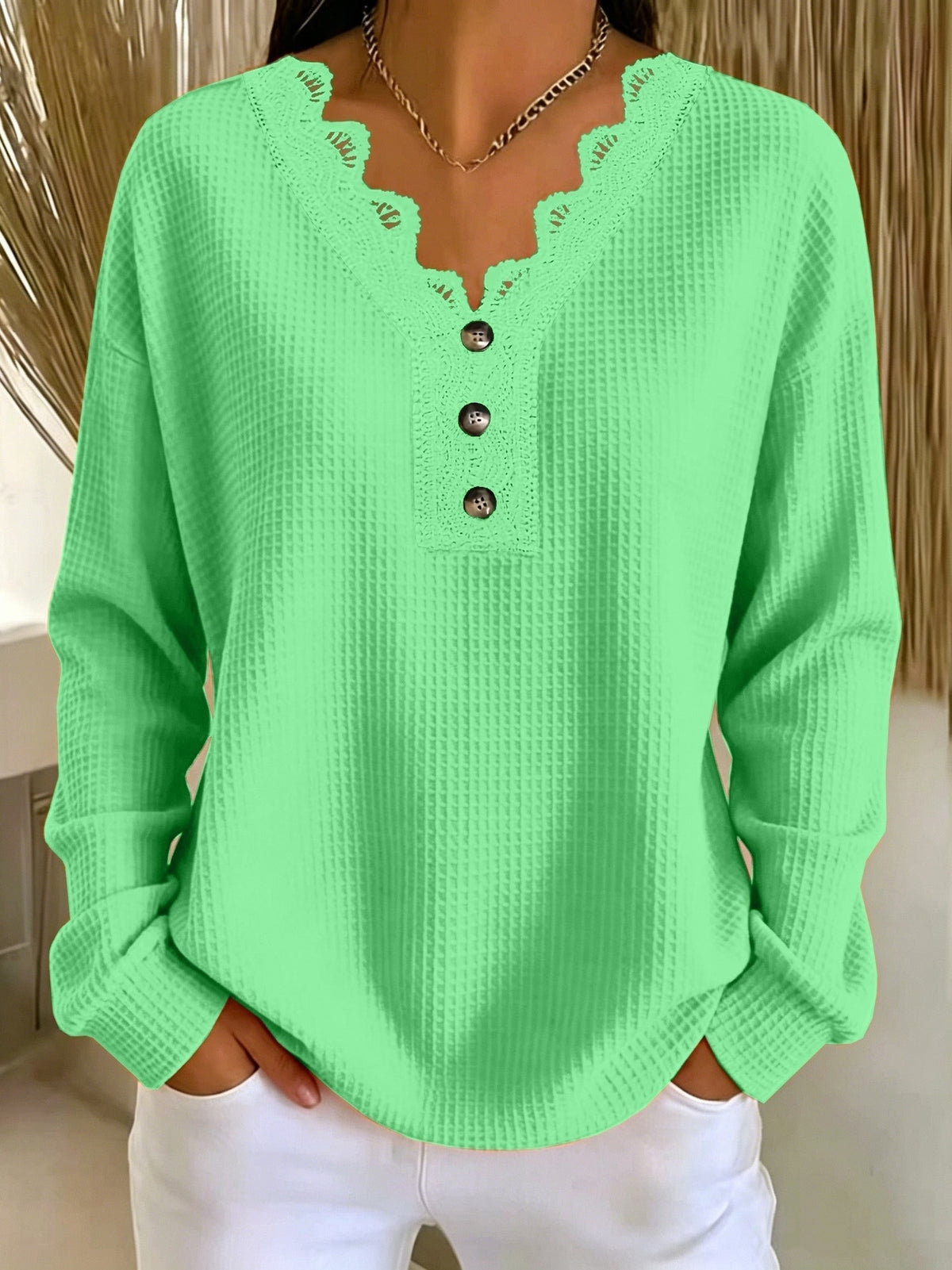 Jade | Haut pour Femme Coupe Ample Col V Dentelle Manches Longues Texturé - Vert