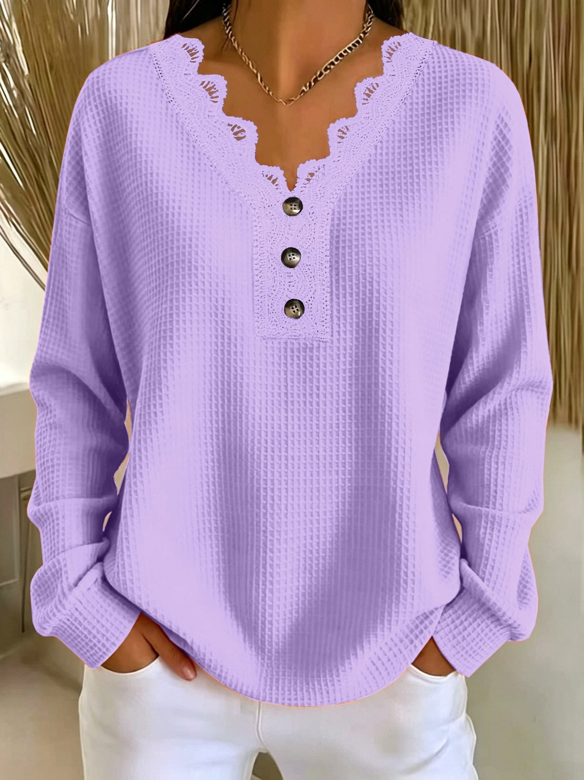 Jade | Haut pour Femme Coupe Ample Col V Dentelle Manches Longues Texturé - Violet