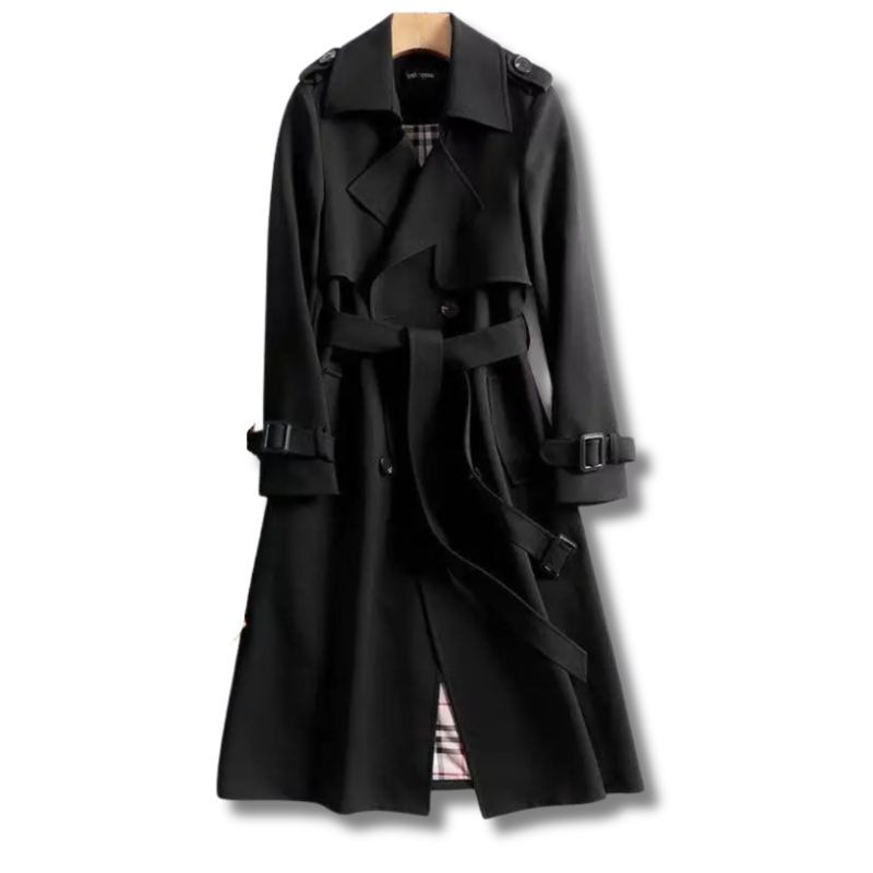 Jade | Manteau pour Femme Coupe Droite Ceinturé Revers Classique - Noir