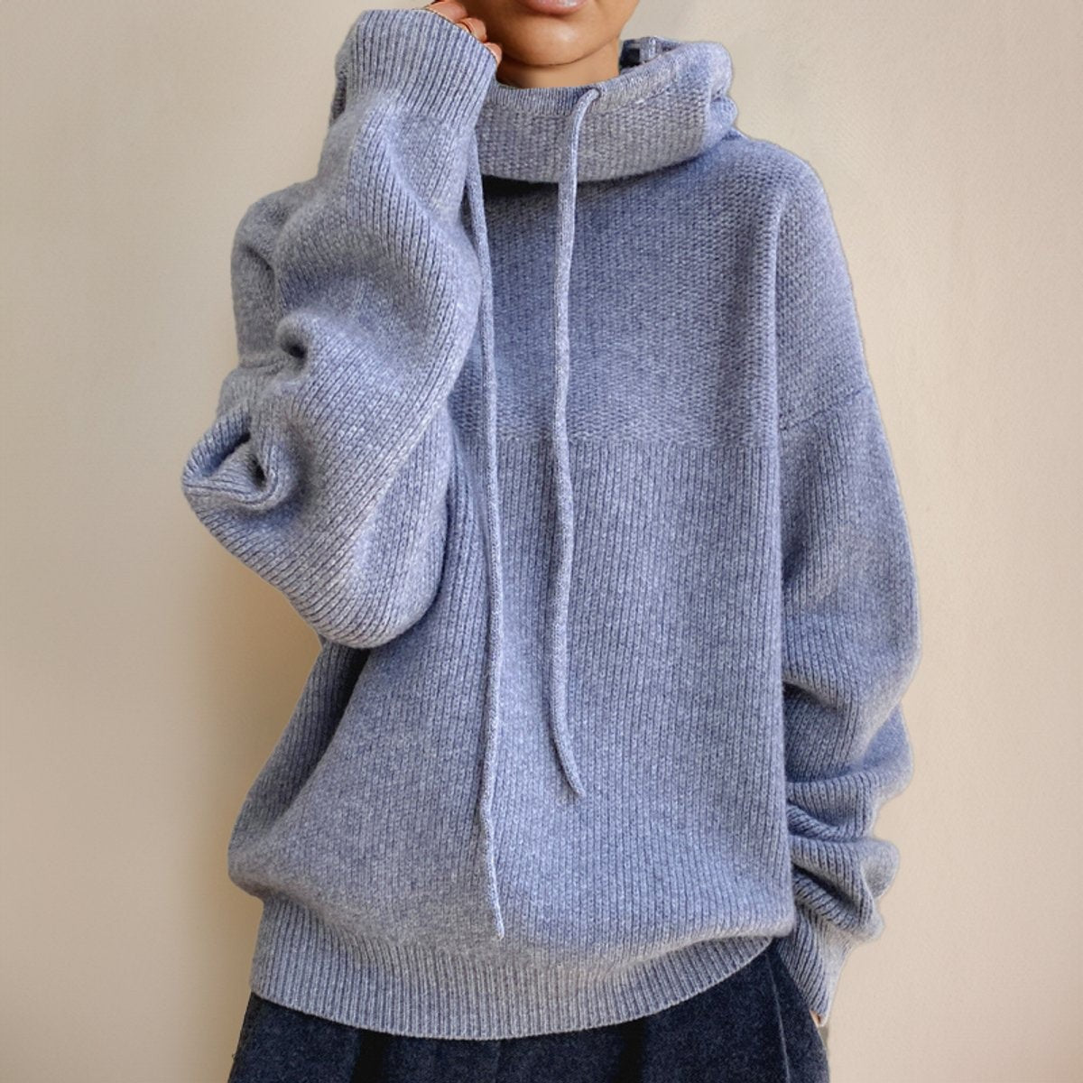 Jade | Pull Oversize Femme Capuche Col Roulé Côtelé - Gris