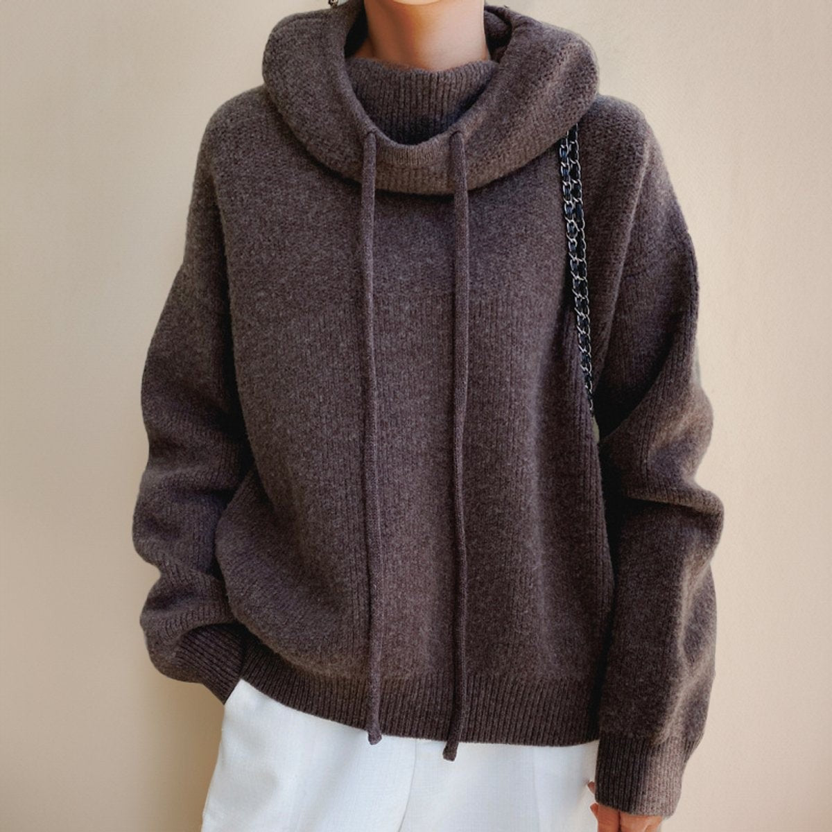 Jade | Pull Oversize Femme Capuche Col Roulé Côtelé - Marron