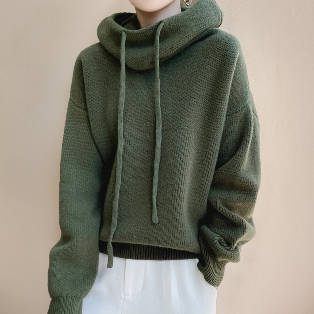 Jade | Pull Oversize Femme Capuche Col Roulé Côtelé - Vert