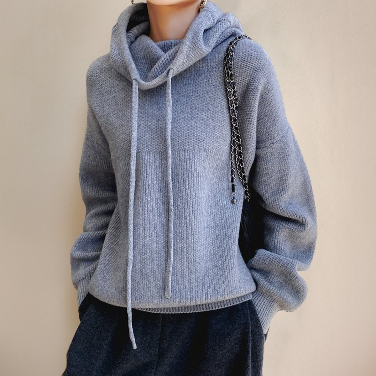 Jade | Pull Oversize Femme Capuche Col Roulé Côtelé - Vert