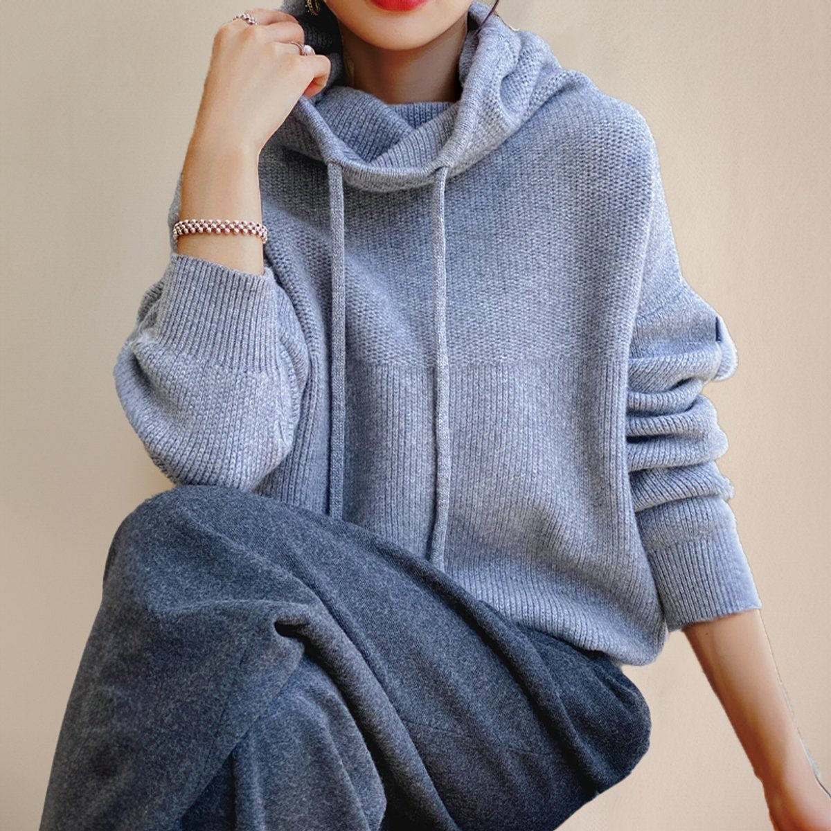 Jade | Pull Oversize Femme Capuche Col Roulé Côtelé - Vert