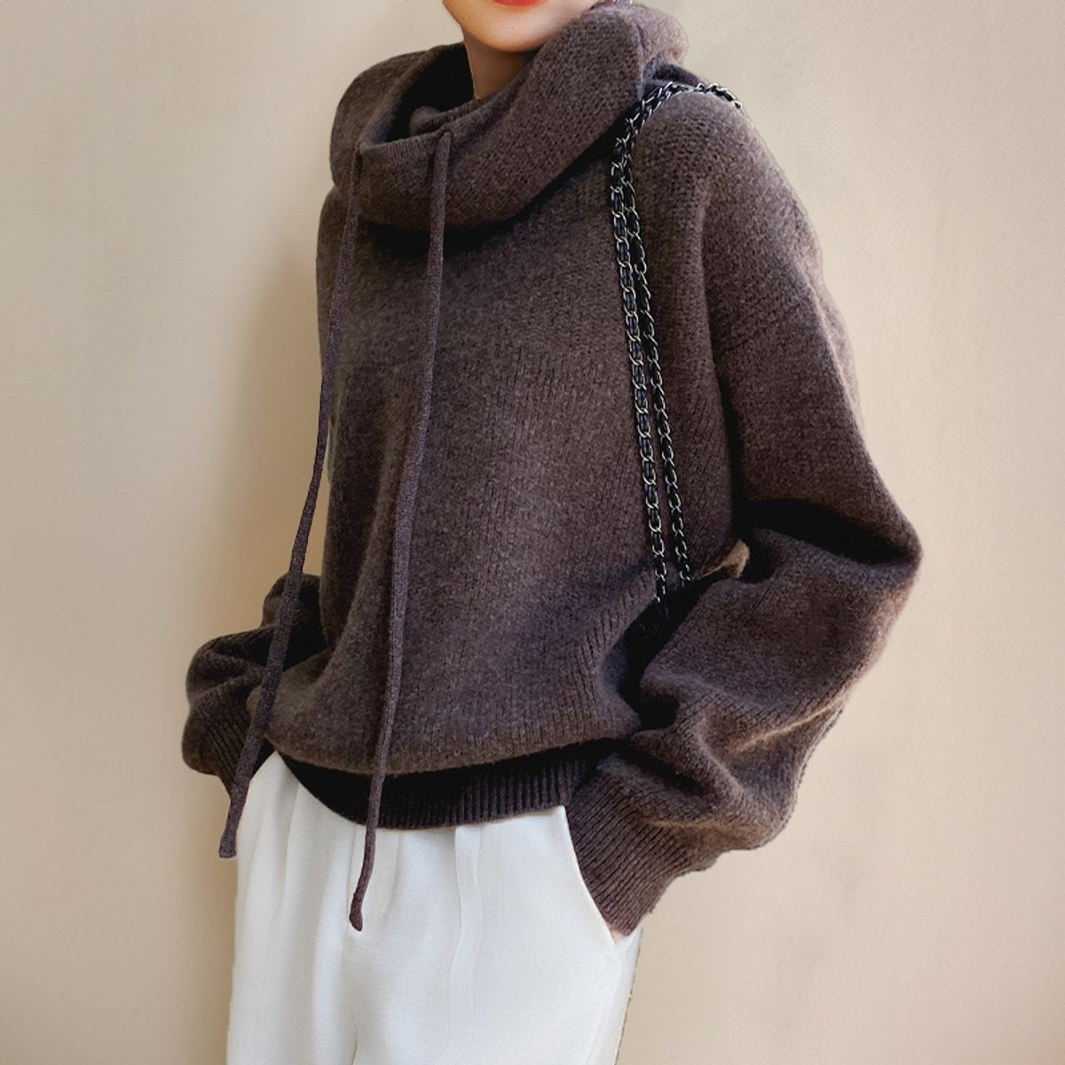 Jade | Pull Oversize Femme Capuche Col Roulé Côtelé - Vert