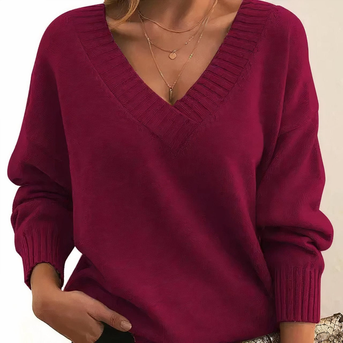 Jade | Pull pour Femme Coupe Ample Encolure V Profonde Manches Longues Côtes Affinées - Rouge