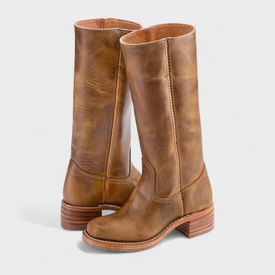 Jules | Bottes d'Équitation pour Femme Talon Bloc Genou Coutures Raffinées - Marron Clair