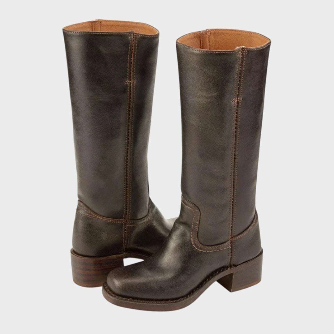 Jules | Bottes d'Équitation pour Femme Talon Bloc Genou Coutures Raffinées - Marron Foncé