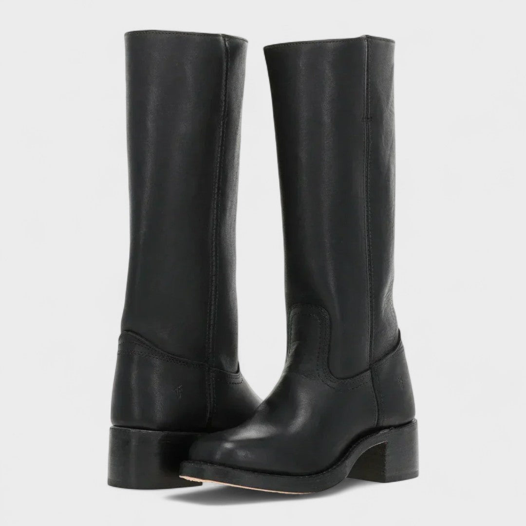 Jules | Bottes d'Équitation pour Femme Talon Bloc Genou Coutures Raffinées - Marron Foncé