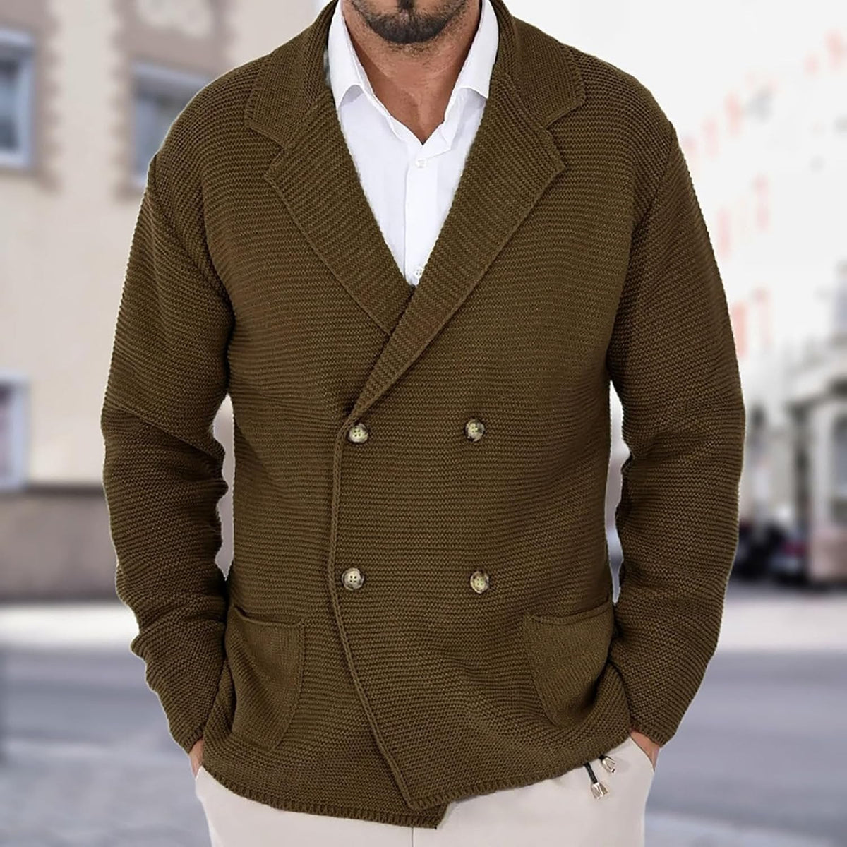 Jules | Cardigan pour Homme Coupe Structurée Tricot Fin Boutonné - Taupe