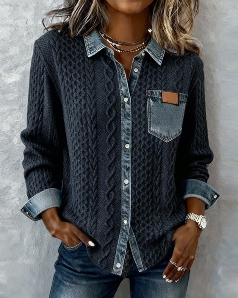 Julia | Dames Zopfmotief Denim-patchwork Knoopsluiting Blouse - Blauw