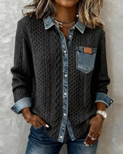 Julia | Dames Zopfmotief Denim-patchwork Knoopsluiting Blouse - Grijs