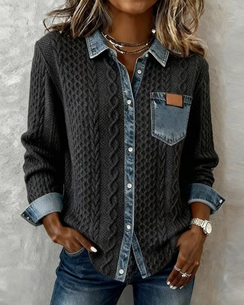 Julia | Dames Zopfmotief Denim-patchwork Knoopsluiting Blouse - Grijs