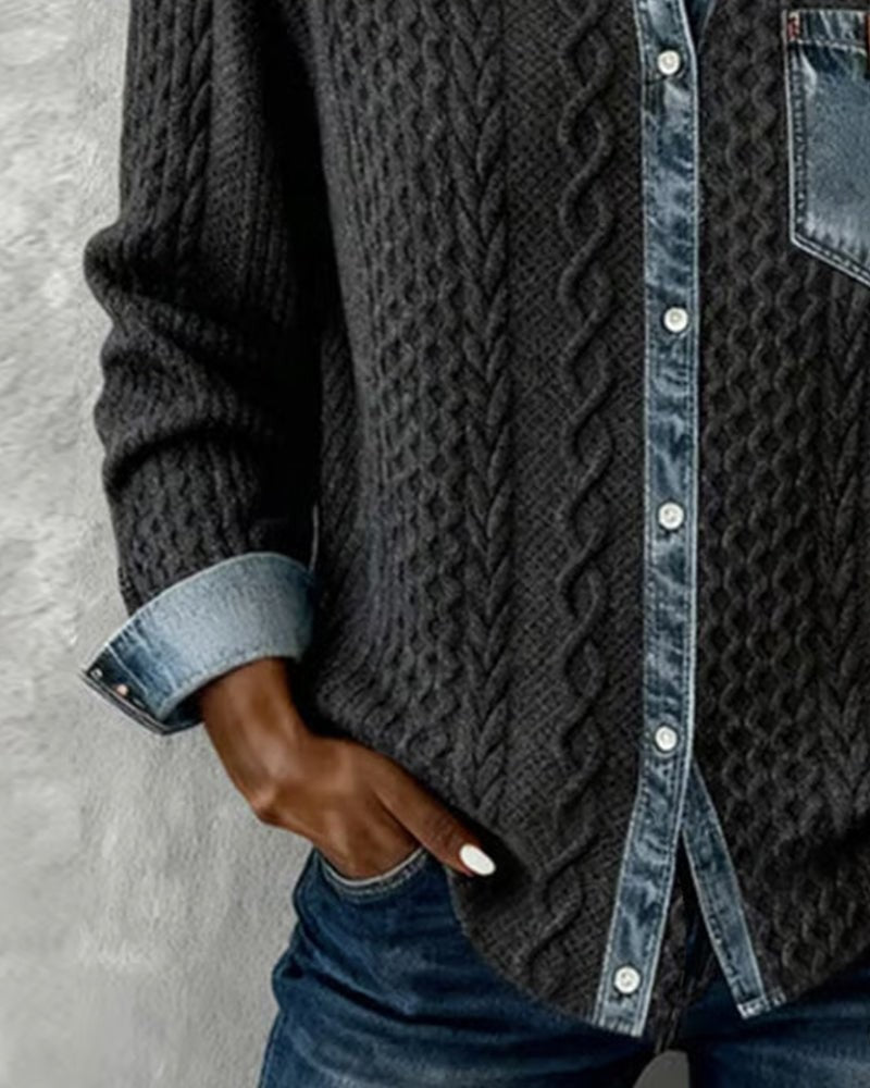 Julia | Dames Zopfmotief Denim-patchwork Knoopsluiting Blouse - Grijs