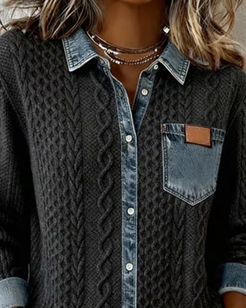Julia | Dames Zopfmotief Denim-patchwork Knoopsluiting Blouse - Grijs