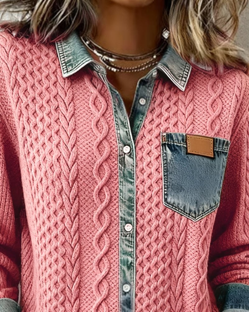 Julia | Dames Zopfmotief Denim-patchwork Knoopsluiting Blouse - Grijs