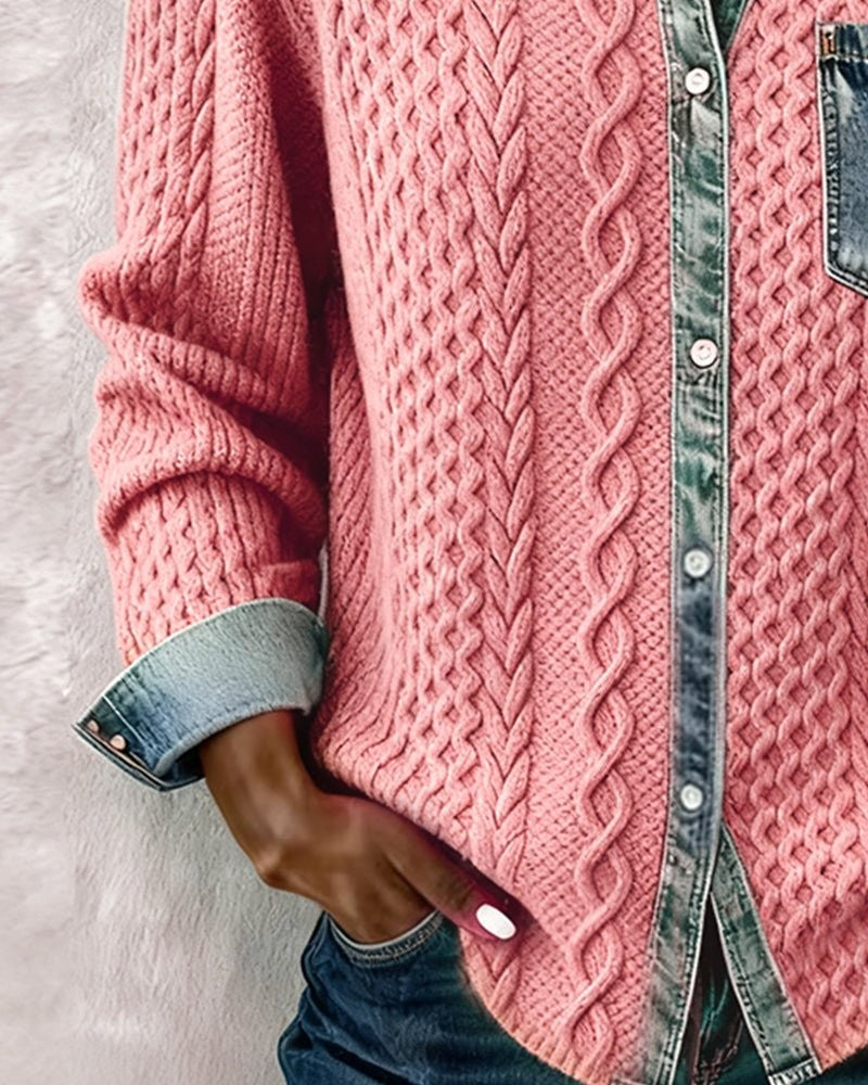 Julia | Dames Zopfmotief Denim-patchwork Knoopsluiting Blouse - Grijs