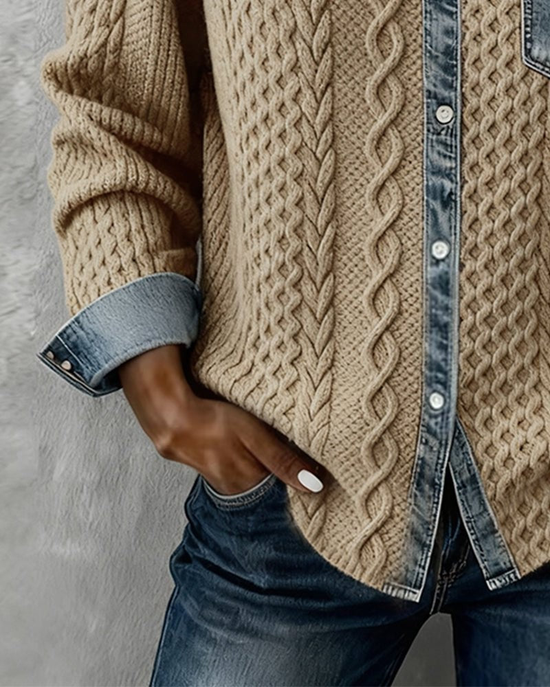 Julia | Dames Zopfmotief Denim-patchwork Knoopsluiting Blouse - Grijs