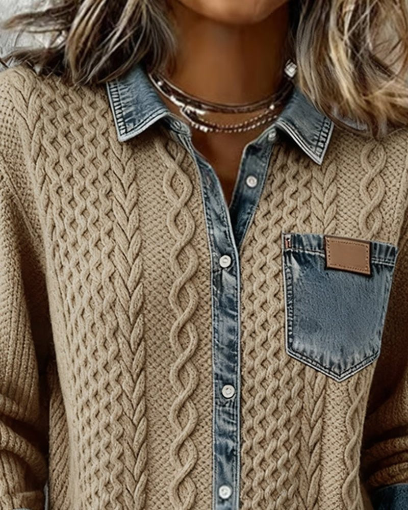 Julia | Dames Zopfmotief Denim-patchwork Knoopsluiting Blouse - Grijs