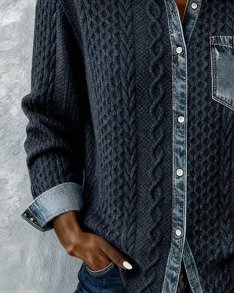Julia | Dames Zopfmotief Denim-patchwork Knoopsluiting Blouse - Grijs