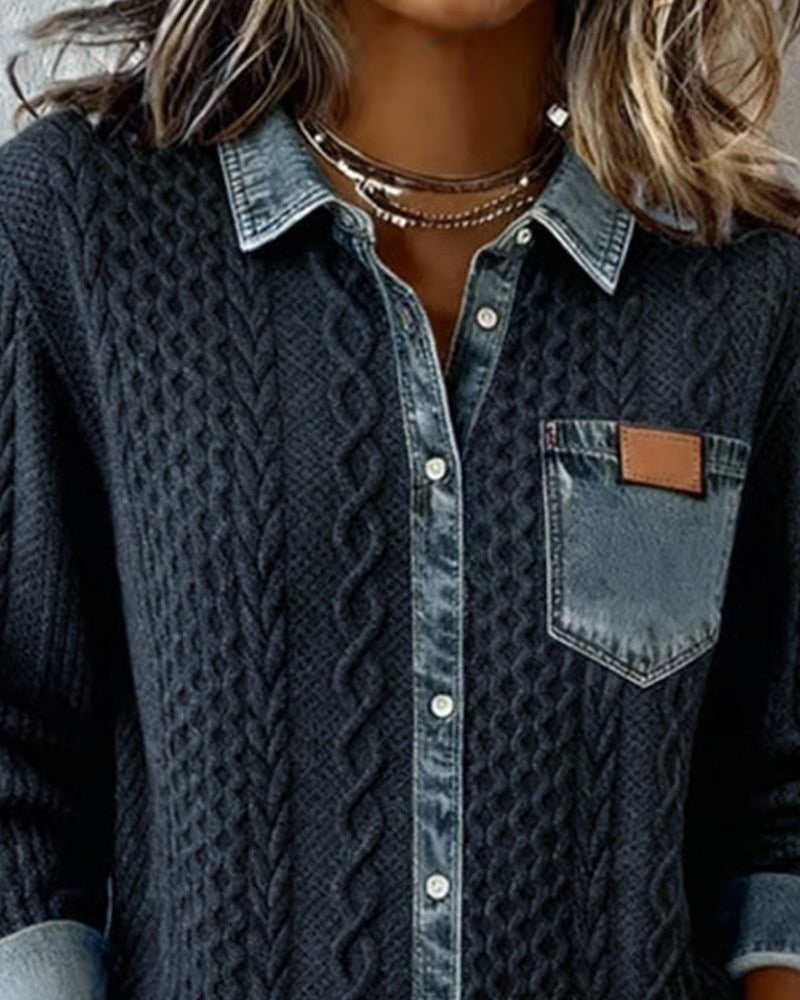 Julia | Dames Zopfmotief Denim-patchwork Knoopsluiting Blouse - Grijs