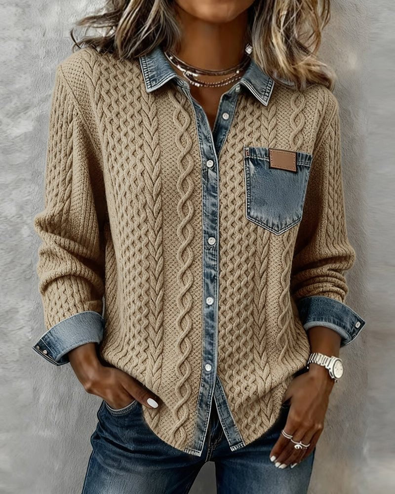 Julia | Dames Zopfmotief Denim-patchwork Knoopsluiting Blouse - Kaki