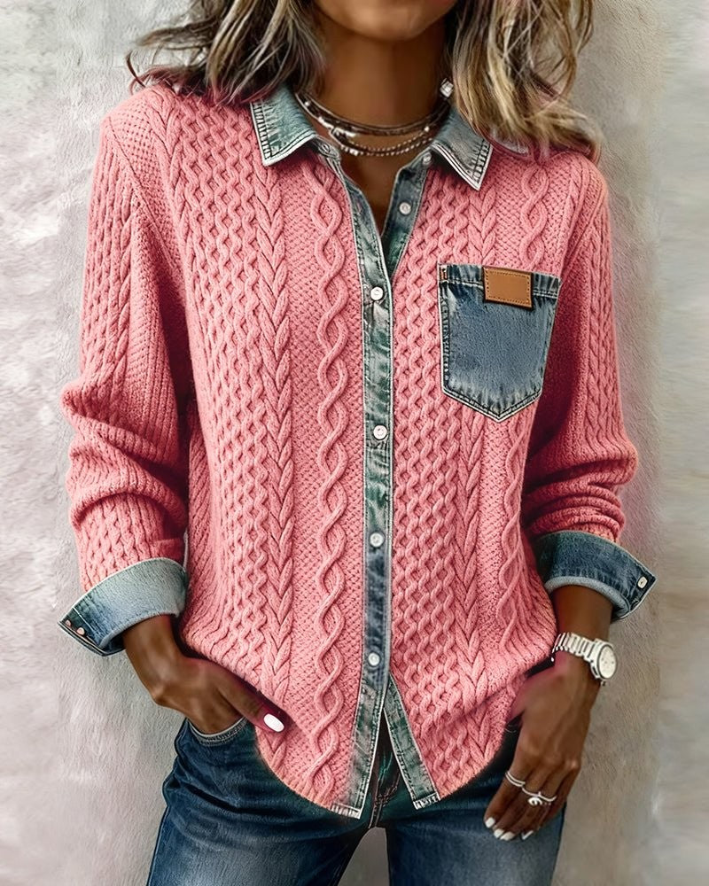 Julia | Dames Zopfmotief Denim-patchwork Knoopsluiting Blouse - Roze