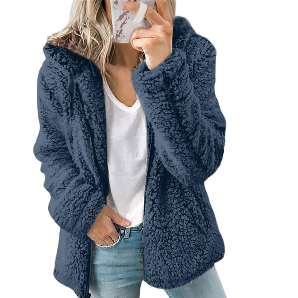Julia | Manteau Polaire Femme Teddy Doublé Poches Fermeture Éclair - Bleu