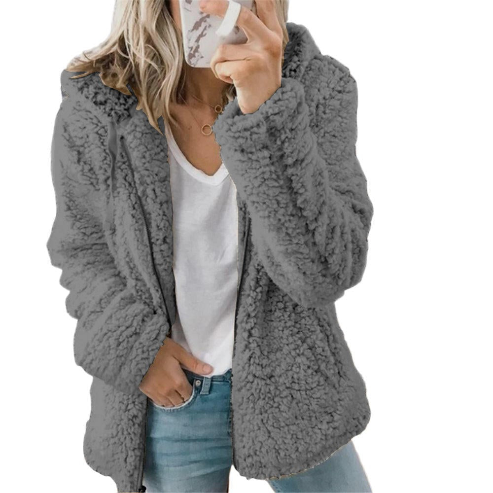 Julia | Manteau Polaire Femme Teddy Doublé Poches Fermeture Éclair - Gris